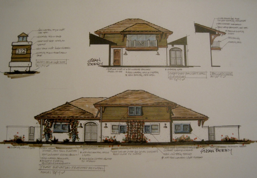 Beach House Remodel Concept A: Lowest Cost Version: Ponte Vedre, Florida: West Indies Style: New Courtyard Balcony and Front Elevation