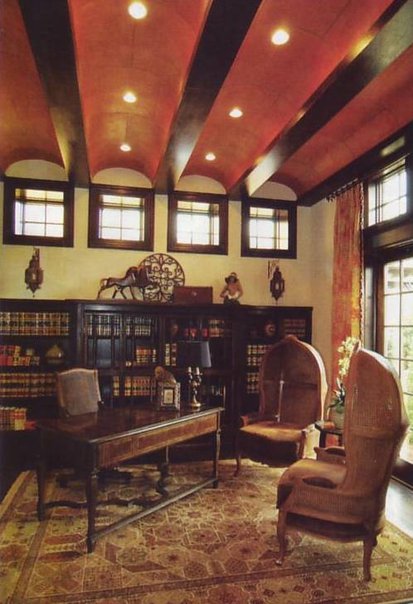 Interior Architecture, ceilings, cabinetry, stone fireplace in Street of Dreams Library, Bella Collina, Montverde, Florida; Mediterranean style, by Susan P. Berry, designer